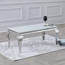White and chrome coffee table. Louis White Glass Chrome Coffee Table 100cm Niches