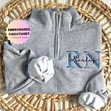 Embroidered Nurse Blue Floral Sweashirt Personalized Rn Quarter Zip,  Healthcare Worker Sweater