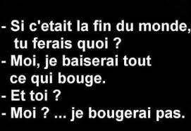 Si C Etait La Fin Du Monde Tu Ferais Quoi Moi Je Baiserai Tout Ce Qui Bouge Et Toi Moi Je Bougerai Pas Blague Pour Rire Humour Humour Sarcastique