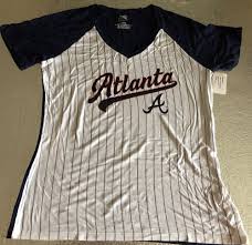 Details About Atlanta Braves V Neck Pinstripes Jersey Shirt Ladies Medium Majestic Mlb