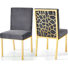 Meridian Furniture 737grey C Opal Dining Chair Grey Velvet Gold Geometric Pattern Back Set Of 2 Dining Chairs Velvet Dining Chairs Dining Chair Upholstery