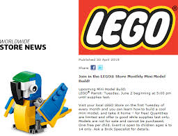 Free Parrot Build 5pm Tuesday At Lego Store Lego Store Coupon Apps App