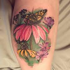 Watercolor Butterfly Garden Tattoo Wildflowers Painted Lady Butterfly Coneflower Echinacea Ch Garden Tattoos Rose And Butterfly Tattoo Lace Flower Tattoos