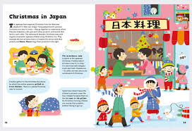 B4u Publishing Albatros Media Christmas Around The World Cartoon of santa claus on trampoline with presents and snowflakes. christmas around the world