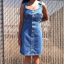 Vintage Bongo Denim Button Up Overall Jean Dress Size Small Smallest Part Of Dress Measures 14 Across But You Do Denim Dress Outfit Jeans Dress Denim Dress