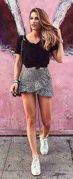 Black And White Gingham Skirt Outfit Summer Outfits Black Tie Top Gingham Ruffle Skirt White Sneakers Elegant Summer Outfits Skirt Outfits Summer Gingham Outfit
