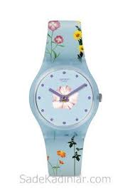 Swatch Saat Modelleri Mavi Cicekli Kordonlu Swatch Mavi Bayan Saatleri