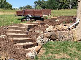 Railroad Tie Timber Steps Filled With Pea Gravel Outdoor Exterior Landscaping Stairs Landscape Stairs Backyard Landscaping Landscape Steps