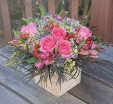 Flower Box As Unique Gift With Roses Hydrangea Alstroemeria Thistle Hype Spring Flower Arrangements Flower Arrangements Center Pieces Flower Bouquet Boxes