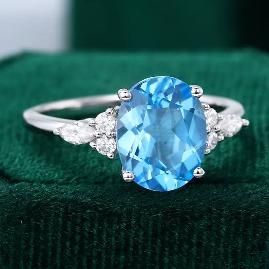 White Gold Oval Cut Swiss Blue Topaz Engagement Ring For Women