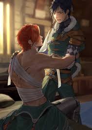 felix hugo fraldarius, sylvain jose gautier, fire emblem, fire emblem:  three houses, nintendo, absurdres, highres, 2boys, bandages, blue hair,  blue jacket, blurry, blurry background, indoors, jacket, looking at  another, male focus, multiple
