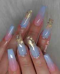 Blue And Pink Coffin Nails With Gold Foil Wedding Acrylic Nails Summer Acrylic Nails Best Acrylic Nails Looking for some trendy nail art looks for your coffin shaped nails?