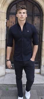 Black And White Button Up Shirt Outfit Simple Summer Outfit Inspiration With A Black Button Up Shirt With Rolled Up Sleeves Black Denim Watch Fashion Models Men Sneakers Outfit Men Shirt Outfit Men