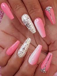 Acrylic Sculpted Nails With Glitter Ombre Stripe And Gems Sculpted Nails Glitter Nails Acrylic Gem Nails