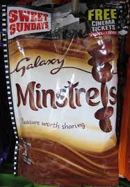 Galaxy minstrels, previously known simply as minstrels are milk chocolate buttons with a hard glazed shell sold in several countries including the uk, ireland, south africa, kenya, cyprus, france, malta, australia and spain. Galaxy Minstrels 153 G