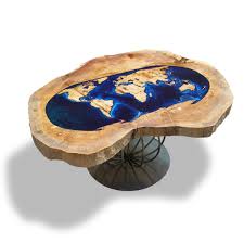 Globe Coffe Table Poplar Wood And Epoxy Resin Ocean On Metal Base By Ghecipol Epoxy Wood Table Resin Furniture Epoxy Resin Wood