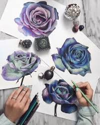 Blue Green And Purple Rose Drawing Print Wall Art Flower Etsy Rose Drawing Flower Drawing Blue Drawings