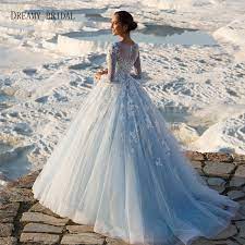 This beautiful sleeves tea length gown can be worn is so many ways, keep it calm with ivory and a pastel colours, or go all out with pizzazz and pair it with vibrant shoes, petticoat and sash. Sky Blue Vestido De Novia Scooped 3 4 Sleeves Wedding Dresses Ball Gown Lace Beaded Sequined Buttons Back Bridal Gown Bridal Gown Wedding Dress Ball Gownsleeved Wedding Aliexpress