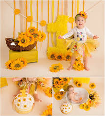 Alternatively, you can get really creative with sunflowers because there are never enough. Cake Smash Smash Session Yellow Sunflower Theme Birthday Session Bubble Bath Ha 1st Birthday Pictures Sunflower Birthday Parties Baby Girl First Birthday