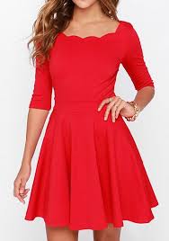 Red Plain Draped Wavy Edge Boat Neck Elbow Sleeve Dress Red Dress Women Affordable Holiday Dresses Necklines For Dresses