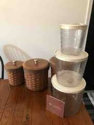 Glass apothecary jar set of 3 candy buffet jar with lids decorative wedding centerpiece, bathroom organizer canister. Wood Lid Canister Longaberger Basket