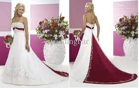 White And Burgundy Strapless Embroidery Chapel Train Satin Wedding Dresses Bridal Gown 8071 Flowy Wedding Dresses Girls Wedding Dresses From Weddingbar 115 58 Blue Wedding Dresses Blue Wedding Dress Royal Red Wedding Dresses