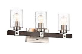 3 Light Brushed Nickel And Wood Vanity With Seedy Glass Sconces Farmhouse Transitional Bathroom Vanity Lighting By Edvivi Lighting
