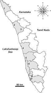 Western ghats form an almost continuous mountain wall. Map Of Kerala With Districts Boundaries And The Location Of The Eight Download Scientific Diagram