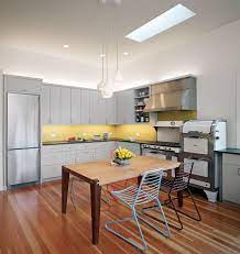 Design 9 Contemporary Kitchen With Gray Cabinets And Yellow Backsplash And A Skyligh Yellow Kitchen Decor Modern Kitchen Design Kitchen Cabinets And Backsplash