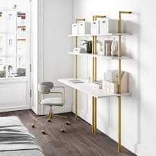 Nathan James Theo 73 In White Wood And Gold Brass Metal 2 Shelf Wall Mount Ladder Writing Desk Table Small Computer Table Bookcase 66002 The Home Depot In 2020 Small Computer Table Desks