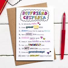 Make a book with each page dedicated to a different letter of the alphabet. Boyfriend Criteria Card By Eskimo Kiss Designs Notonthehighstreet Com