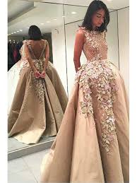 Elegant Bateau Backless Floor Length Appliques Champagne Ball Gown Floral Luxury Prom Dress I Elegant Prom Dresses Backless Prom Dresses Prom Dresses For Teens
