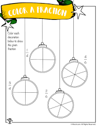 Color The Fraction Worksheet With Christmas Ornaments Woo Jr Kids Activities Christmas Math Worksheets Fractions Worksheets Christmas Math Activities