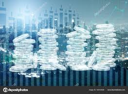 Abstract Silver Dollar Coin Piles On Night City And Business