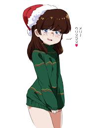 jcm2, lynn loud, the loud house, highres, translated, 1girl, blue eyes,  blush, brown hair, clothes tug, facing viewer, freckles, hair down, hat,  looking at viewer, merry christmas, naked sweater, open mouth, santa