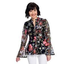 Where to buy embroidered jackets? Marc Bouwer Embroidered Mesh Long Bell Sleeve Knit Lined Zip Front Jacket Shophq