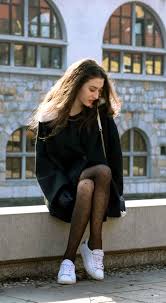 Black And White Polka Dot Dress With Black Tights How To Style Polka Dot Tights Brunette From Wall Street Polka Dot Tights Outfit Fashion Tights Polka Dot Tights