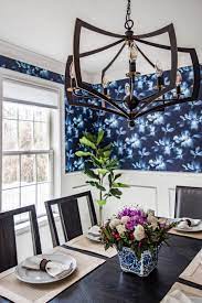 Crate & barre chair , avalon table. Navy And White Dining Room With Wallpaper Above Chair Rail Contemporary Transitional Classic And El Vintage Dining Room Dining Room Design White Dining Room