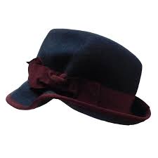 Bent Brim Navy Fedora Hat With Burgundy Ribbon Band Jsa Wool Hats Brim Wide Brim Fedora Fedora