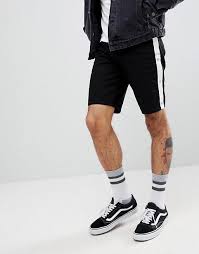 Black And White Striped Shorts Outfit Men Asos Design Denim Shorts In Slim Black With White Side Stripe And Popper Detail Black Shorts Men Latest Fashion Clothes Slim Chinos