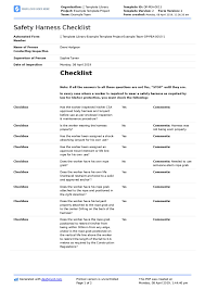 The safety checklist is comprised of safety harness hardware, webbing, stitching, and labels checklist with descriptions of what to look for when replacing the harness in those categories. Safety Harness Inspection Checklist Template Free And Editable