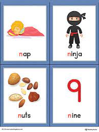 N alphabet words · parrot, pan, pen, pineapple, potato · rat, red, rose, rainbow, robot, rabbit. Letter N Words And Pictures Printable Cards Nap Ninja Nuts Nine Color Myteachingstation Com