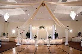Una decoración muy elegante es la que obtenemos cuando jugamos con elementos de cristalería, tanto en los adornos de mesa, como en el techo, además de combinar los adornos de flores para las mesas y adornos de telas para las paredes, en ocasiones los. Decoracion De Salones Para Bodas Con Telas Head Table Wedding Reception Backdrop Wedding Reception Backdrop