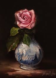 Rose Oil Painting Nina R Aide Original Fine Art Rose In Delft Vase Floral Fine Art Small Painting Classic A Rose Oil Painting Small Paintings Original Fine Art