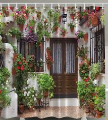 Garden Patio Villa Scene Flowers Greenery Custom Graphics Shower Curtain 908 Mediterranean Garden Bulb Flowers Fabric Shower Curtains
