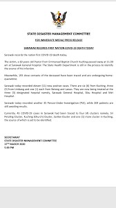 The sarawak state disaster management committee (sdmc) has announced that it will be extending its compulsory screening at the state's entry points until 31st august 2020. Melissa Goh On Twitter Malaysia Reports Its First Covid19 Death Victim A 60 Years Old Pastor From Emmanuel Baptist Church Kuching Passed Away At 11 00 Am At Sarawak General Hospital 193 Close