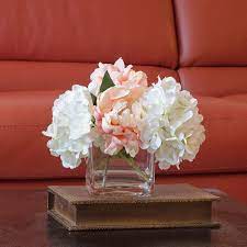 Hydrangea Peach Peony Arrangement Silk Flowers Artificial Faux Etsy Artificial Flower Arrangements Peony Arrangement Small Flower Arrangements