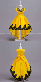 37 9 Hi Lo Yellow With Black Lace Satin Flower Girl Dress For Juniors Qx 728 Gemgrace Com Satin Flower Girl Dress Wedding Dresses For Girls African Dresses For Kids