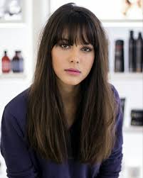 Cute shades of pink and long bangs with a touch of shape to them keep the look soft. Dark Brown Long Bangs Hair Styles Long Hair Styles Brown Hair Bangs