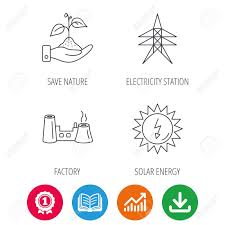 Electricity Station Factory And Solar Energy Icons Save Nature